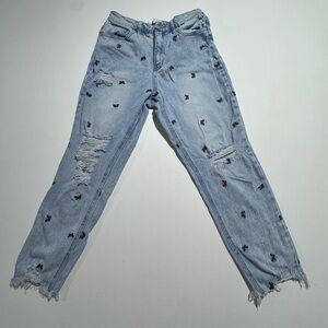 TINSELTOWN High Rise Wide Leg Distressed Butterfly Embroidered Jeans - SIZE 9